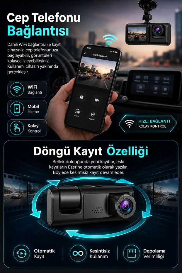 Araç İçi HD Kamera 3 Kameralı Wifi Özellikli 1080P Full HD Gece Görüşlü G-Sensör Dashcam